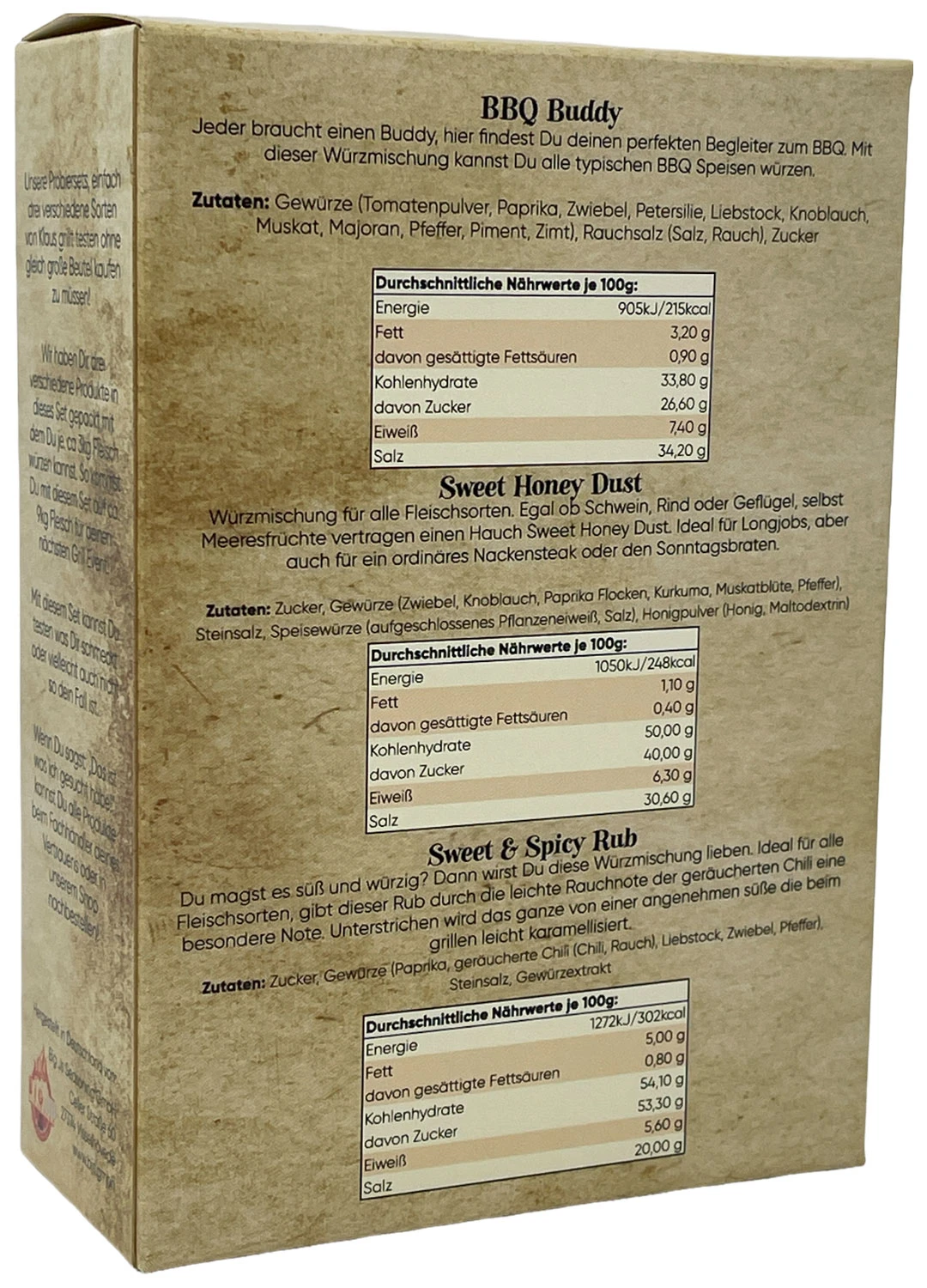 Probierset #2 BBQ Buddy / Sweet Honey Dust / Sweet & Spicy Rub 3x 100g Beutel By Klaus Grillt 1 Probierset #2 BBQ Buddy / Sweet Honey Dust / Sweet & Spicy Rub 3x 100g Beutel By Klaus Grillt